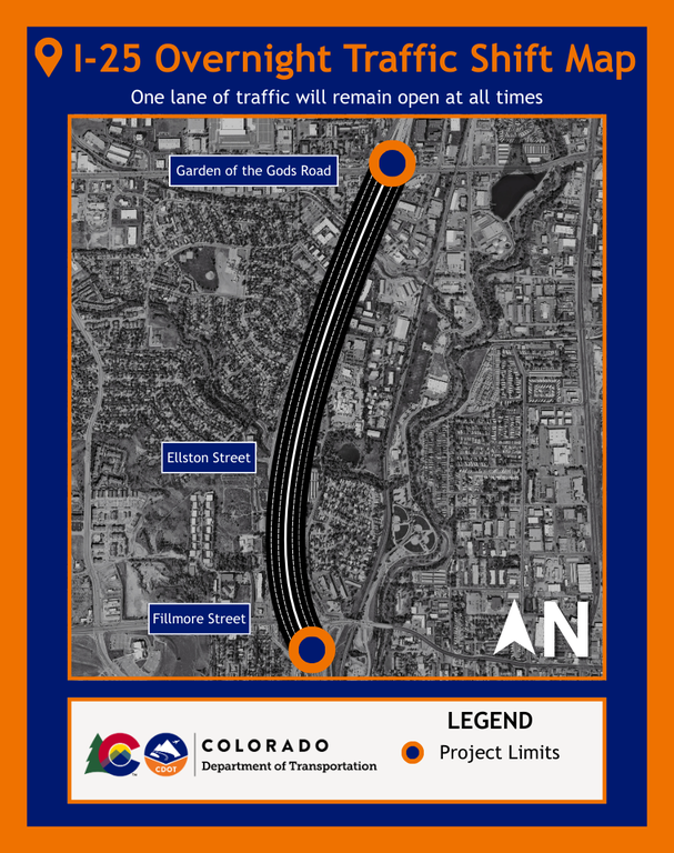 A map of I-25 in Colorado Springs indicating area of lane closures between Fillmore Street and Garden of the Gods Road.