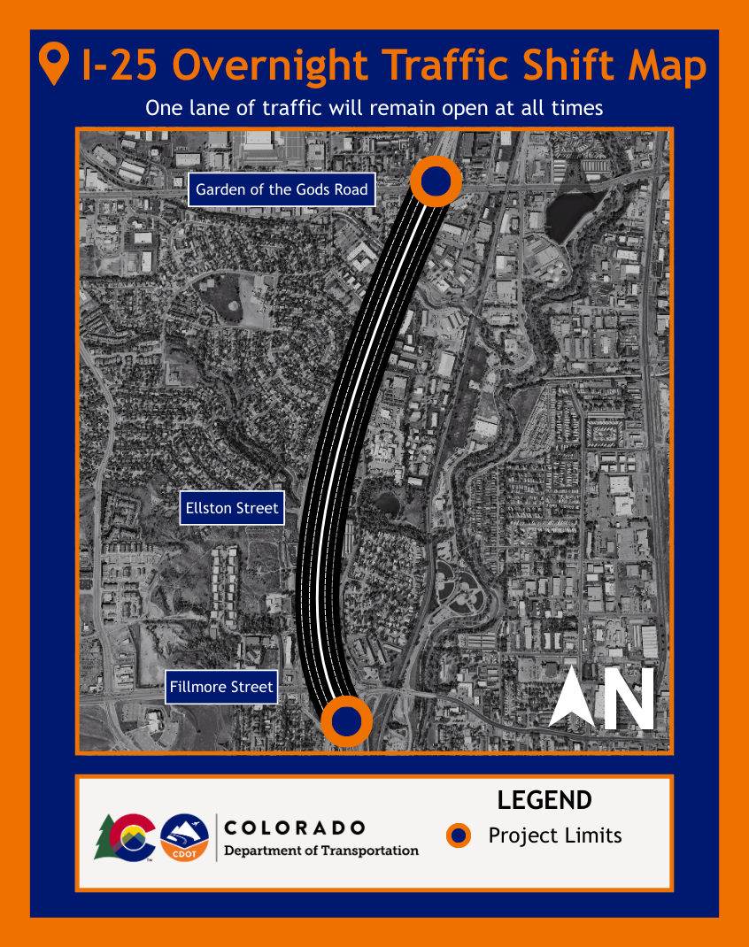 I-25 Acceleration-Deceleration Lanes map of overnight lane closures February 2026.png detail image