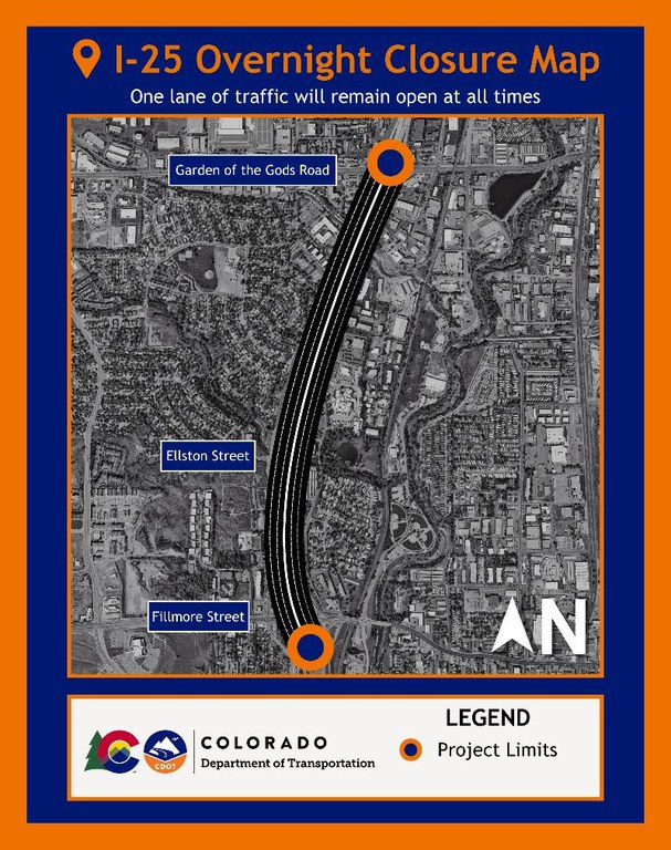 Map of Interstate 25 between Fillmore Street and Garden of the Gods Road where overnight lane closures will occur.