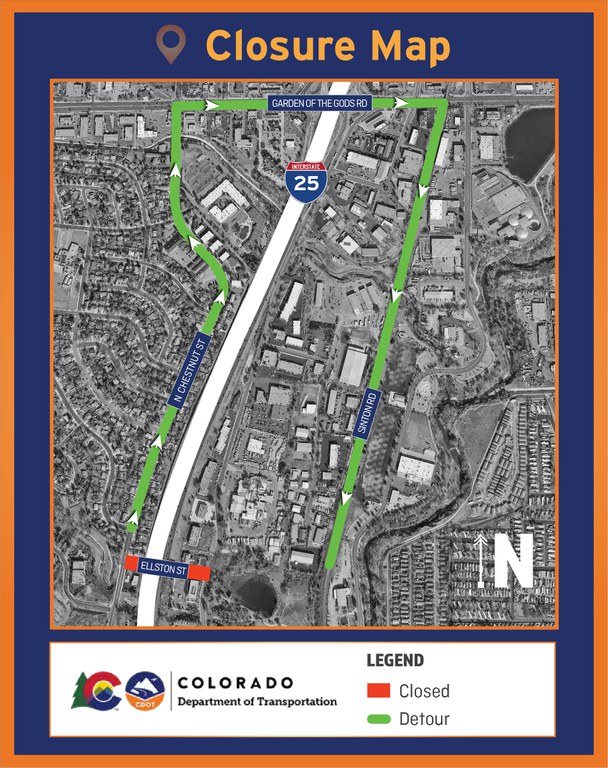 Detour map of Ellston Street full closure between N. Chestnut Street and Sinton Road. Detour includes traveling north on Chestnut Street, then go right onto Garden of the Gods Road, then turn right onto Sinton Road