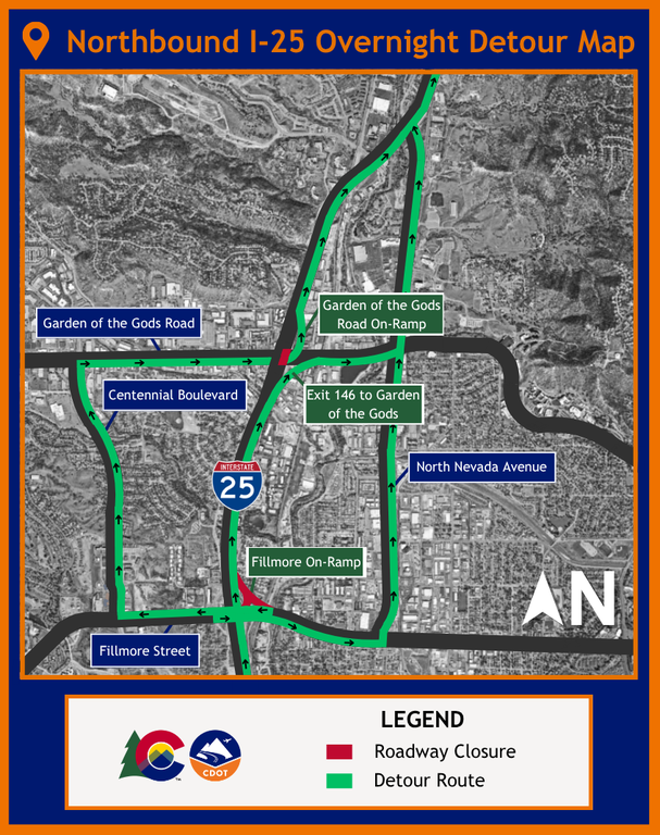 Northbound I-25 closure and detour map.