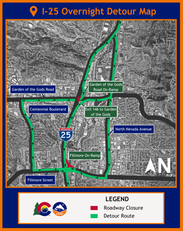 I-25 Acceleration/Deceleration Lanes Fillmore Street to Garden of the Gods Road Overnight Detour Map 04012026.png