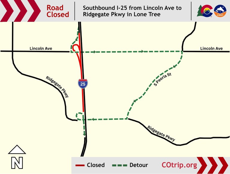 Map of southbound I-25 closure and associated detour route.