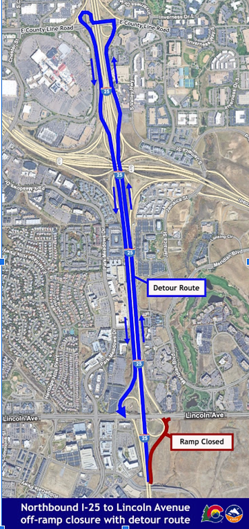 Northbound I-25 to Lincoln Avenue off-ramp closure detour map. This detour is scheduled for Wednesday night, Sept. 24. 