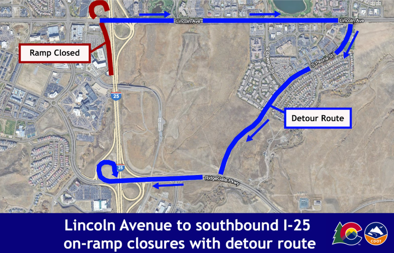 Lincoln Avenue to southbound I-25 on-ramp closures with detour route. This detour is scheduled for Thursday night, Sept. 25. 