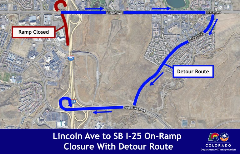 Detour map of southbound I-25 off-ramp to Lincoln Avenue Detour map of southbound I-25 off-ramp to Lincoln Avenue