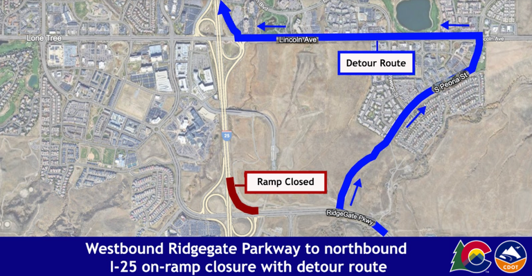 Westbound Ridgegate Parkway to northbound I-25 on-ramp closure with detour route. This detour is scheduled for Wednesday night, Sept. 24. 