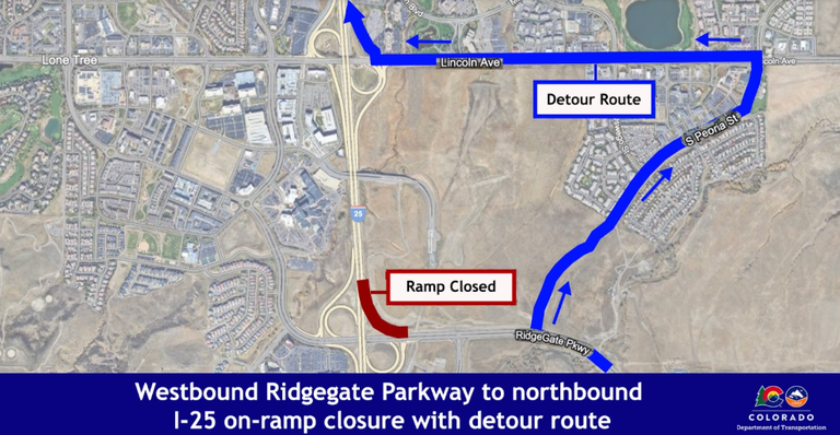 Westbound Ridgegate Parkway to northbound I-25 on-ramp closure with detour route. Westbound Ridgegate Parkway to northbound I-25 on-ramp closure with detour route. This detour is scheduled for Sunday night, Sept. 21.