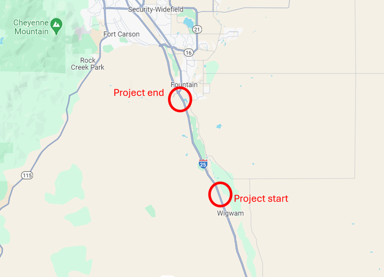 Map showing I-25 A Resurfacing project on Midway between Fountain and Wigwam