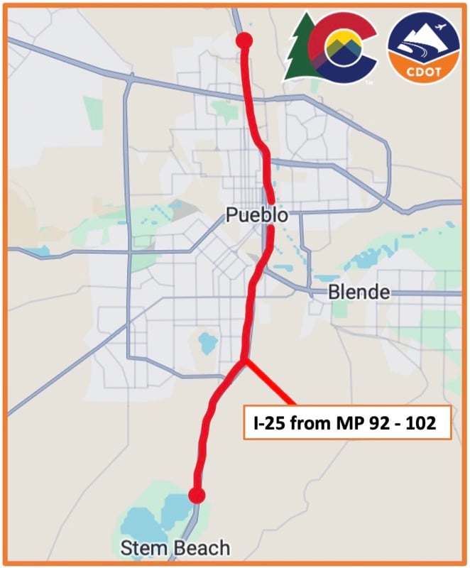 Map of I-25 MP 92 to MP102 through Pueblo to Stem Beach,  location of the I-25 Pueblo Resurfacing Project