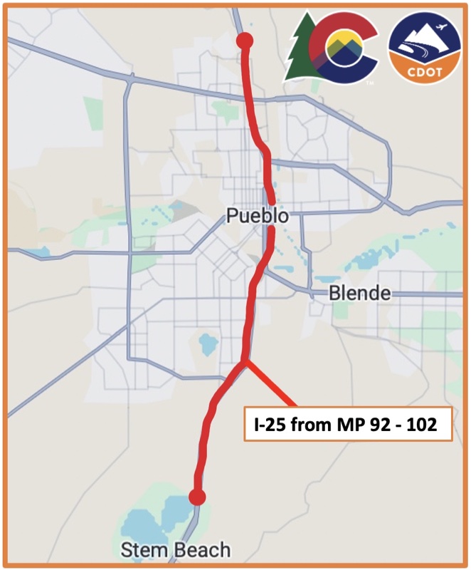 Map of I-25 MP 92 to MP102 through Pueblo to Stem Beach,  location of the I-25 Pueblo Resurfacing Project