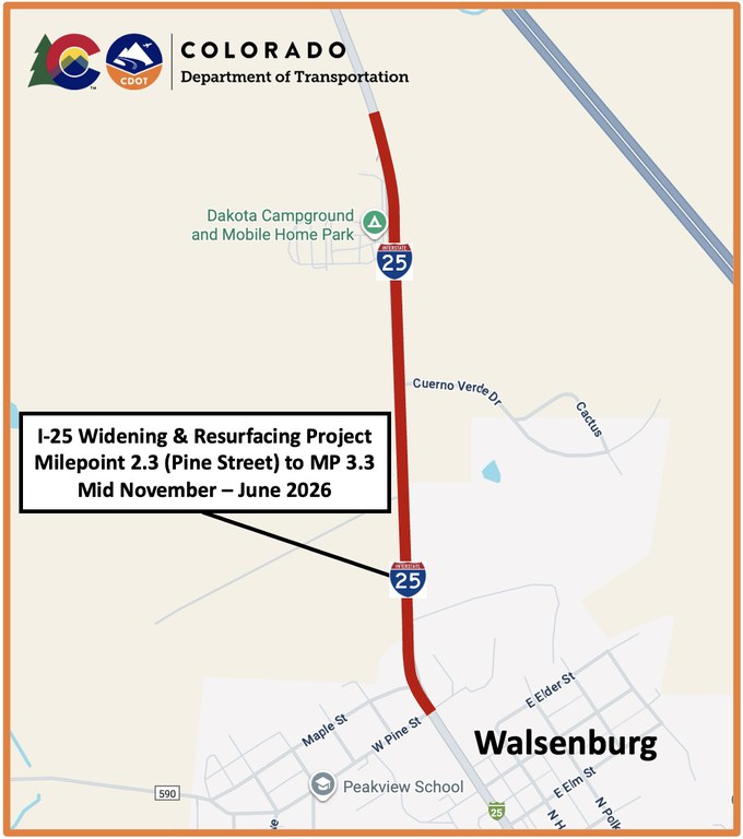 Project map showing the location of the project, on I-25 in Walsenburg from Pine Street (Milepost 2.3) north to MP 3.3. Project map showing the location of the project, on I-25 in Walsenburg from Pine Street (Milepost 2.3) north to MP 3.3.