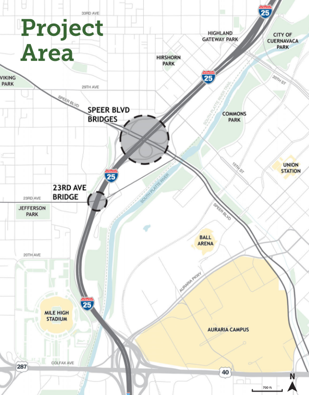 Project map showing where proposed improvements would be made on I-25 and the Speer Boulevard Bridges and I-25 and the 23rd Avenue Bridge.