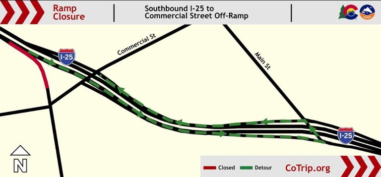 Map of Interstate 25 in Trinidad showing the detour using Exit 13 to access commercial street.