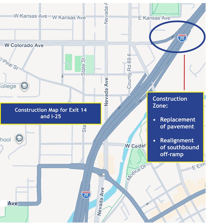Map of Interstate 25 in Trinidad showing construction at Exit 14 for replacement of pavement and realignment of southbound I-25 off-ramp.