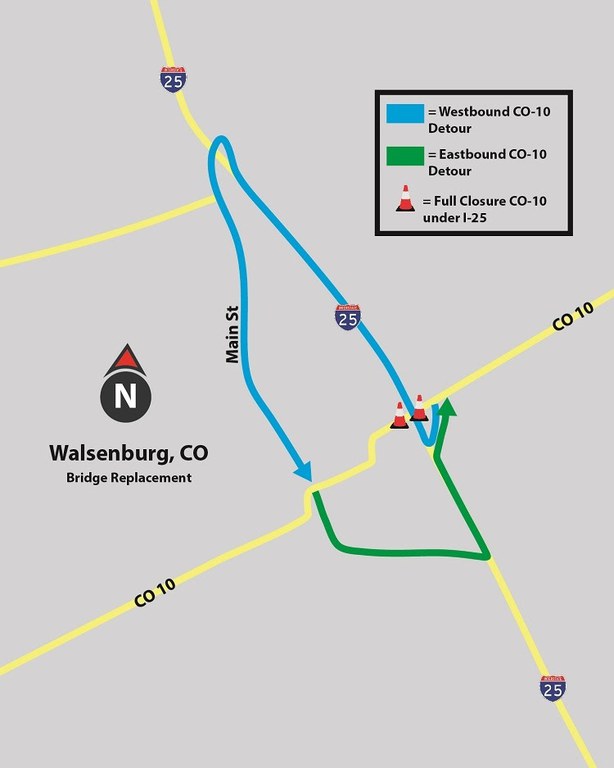 Detour map of route during closure of CO 10 during bridge girder placement and deck work