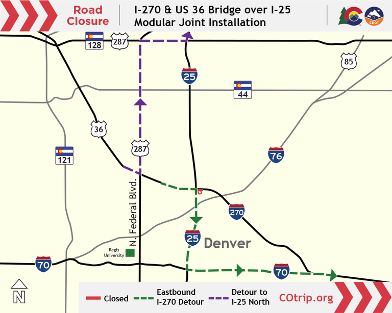 Closure map and designated detour routes for the eastbound I-270 and US 36 bridge over I-25.