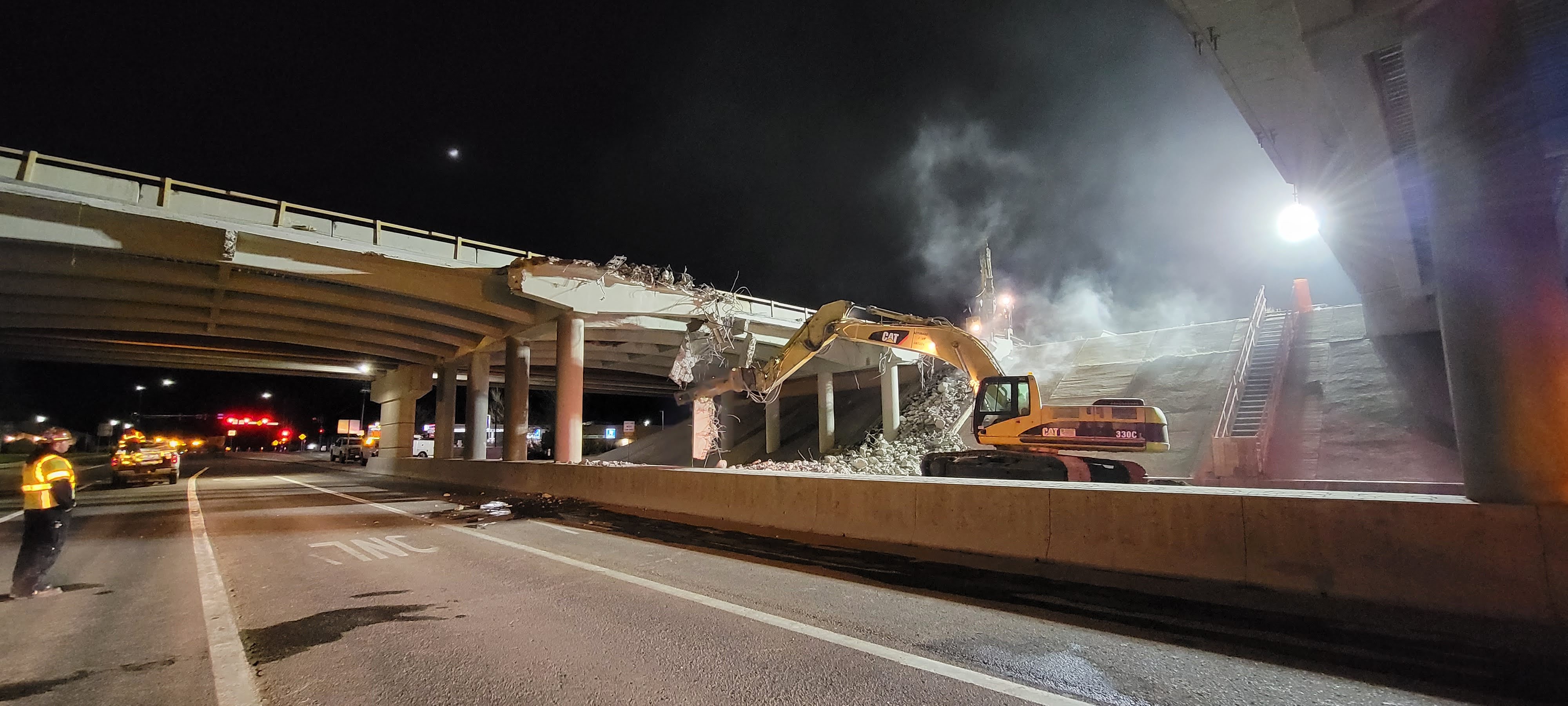 Demolition underway of easterly portion of the westbound I-70 bridge during overnight hours April 6. Photo CDOT.