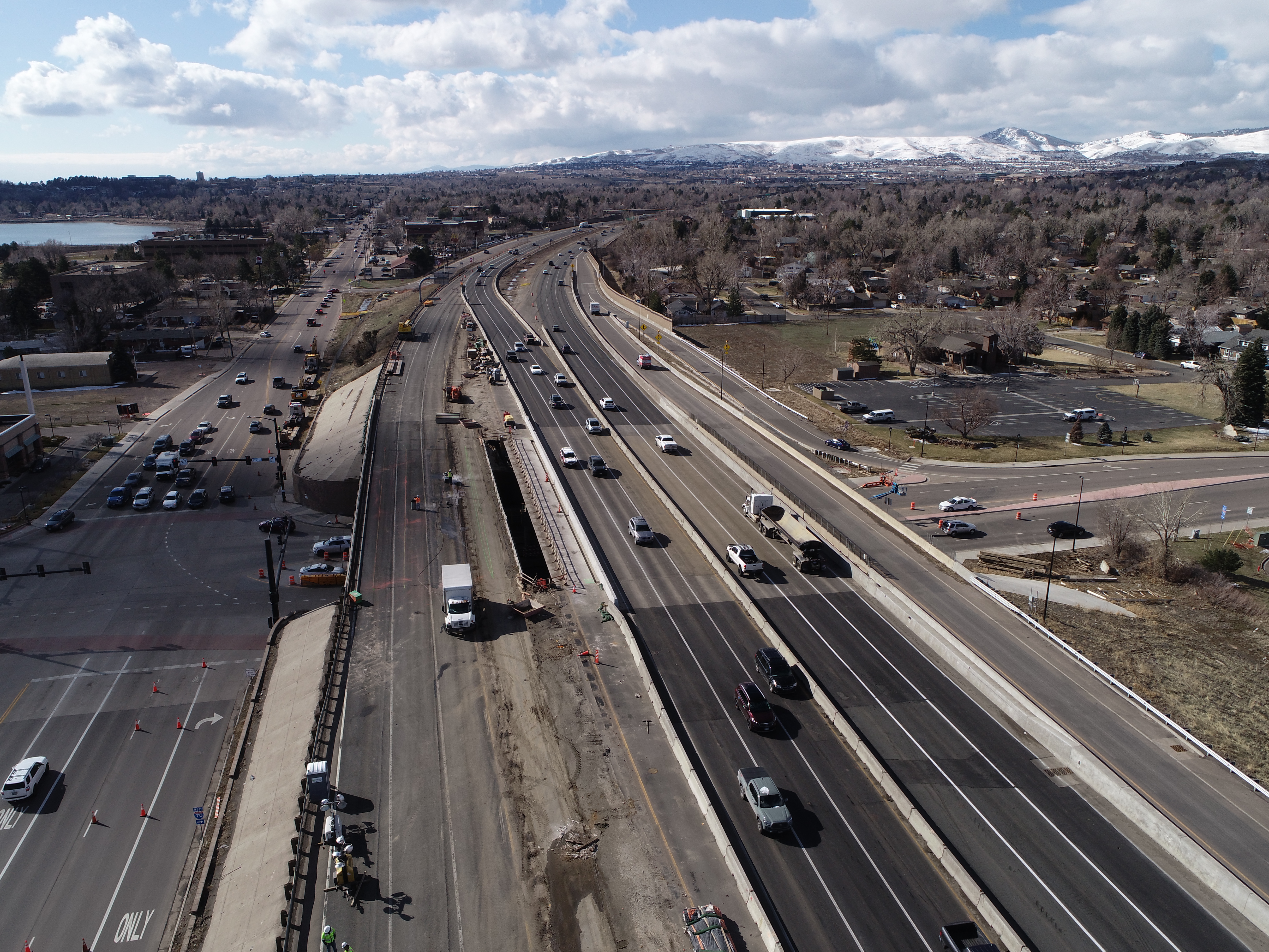 Drone view of eastbound I-70 bridge (at left) over 32nd Avenue prior to demolition. Photo Nick Bruce detail image