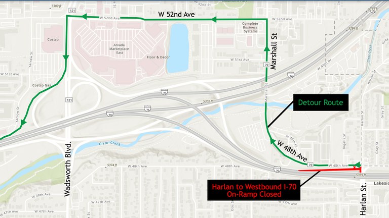 Map showing detour route: West 48th to Marshall to 52nd to Wadsworth