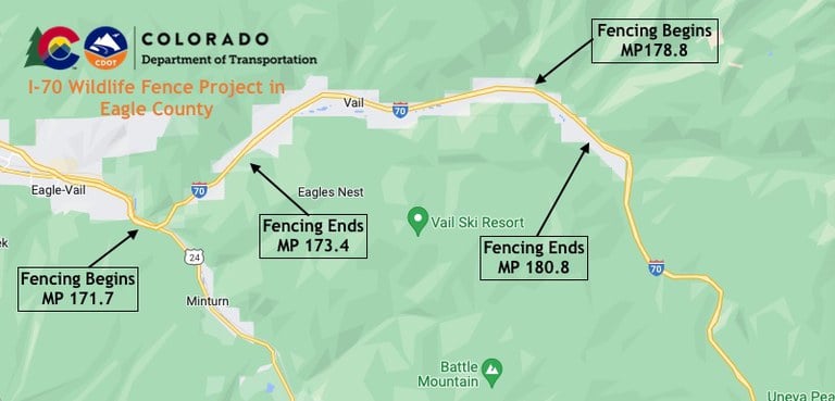Map of the I-70 wildlife fence project in Eagle County on I-70 from Mile Point 171.7 to MP 180.8 near Vail