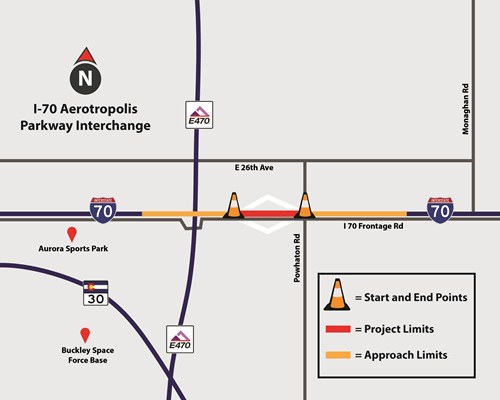 Map of the I-70 Aerotropolis Parkway Interchange project location on I-70 east of E-470 Map of the I-70 Aerotropolis Parkway Interchange project location on I-70 east of E-470
