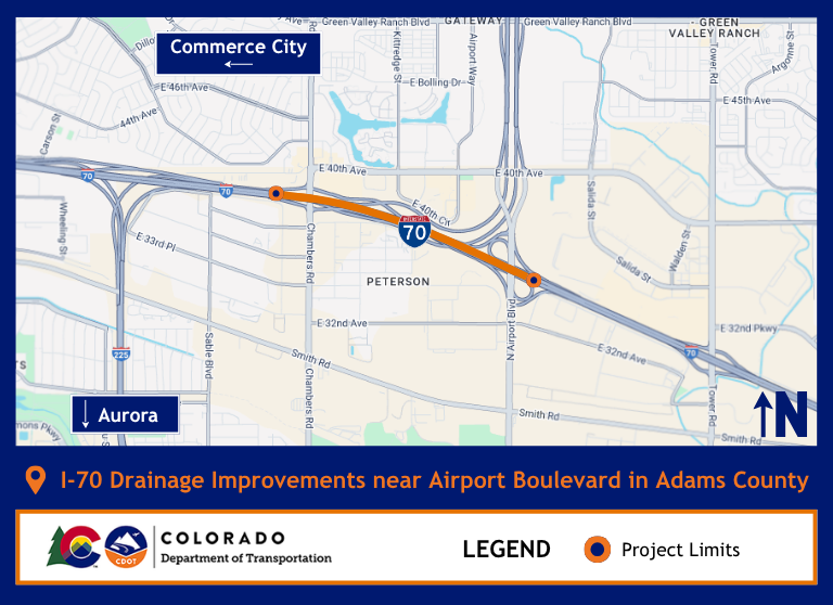 Map of I-70 Drainage Improvements project limits. Work will take place along a one-mile span of I-70 near Exit 285 toward Airport Boulevard