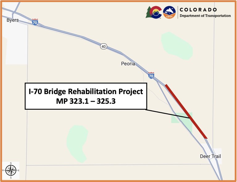 Map showing where the I-70 bridge repairs project is located on I-70 southeast of Byers from MP 323.1 to 325.3 Map showing where the I-70 bridge repairs project is located on I-70 southeast of Byers from MP 323.1 to 325.3