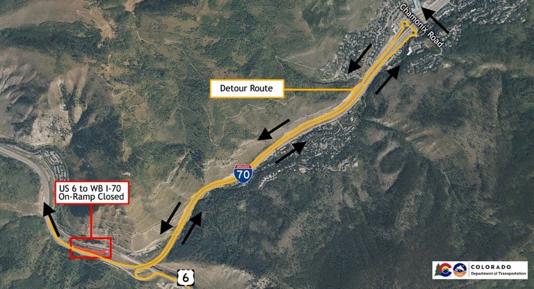 Detour map for the I-70 Eagle Essential Wall Repair project