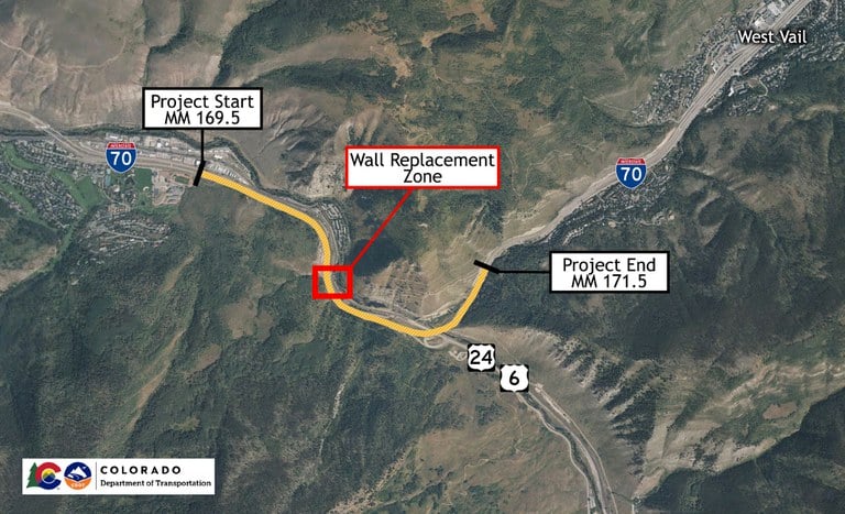 Project map of the I-70 Eagle Essential Wall Repair project work zone located on I-70 over the junction at US 24