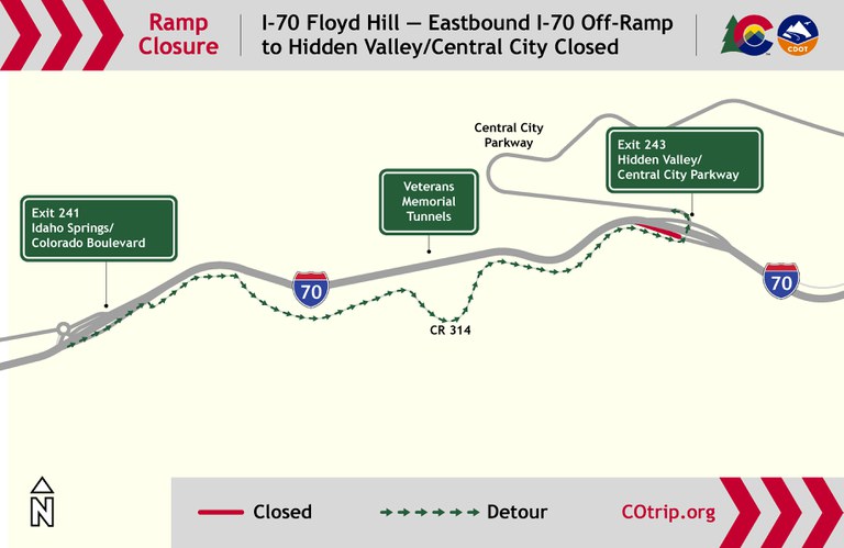 Detour map showing that eastbound I-70 motorists will merge into one lane and use the eastbound I-70 off-ramp to Idaho Springs (Exit 241), and then travel east on County Road 314 to access eastbound I-70 at Hidden Valley (Exit 243).