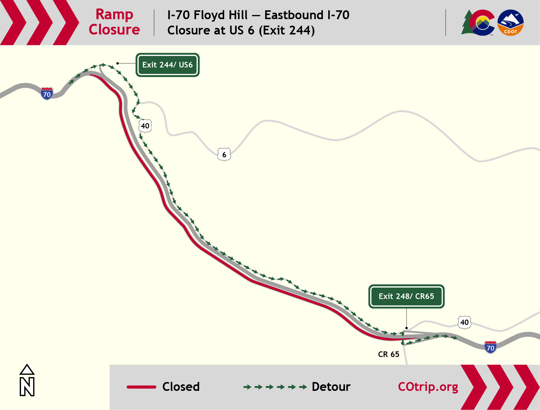I-70 Floyd Hill eastbound I-70 traffic use the off-ramp to US 6 then east on US 40 then CR 65.jpg detail image