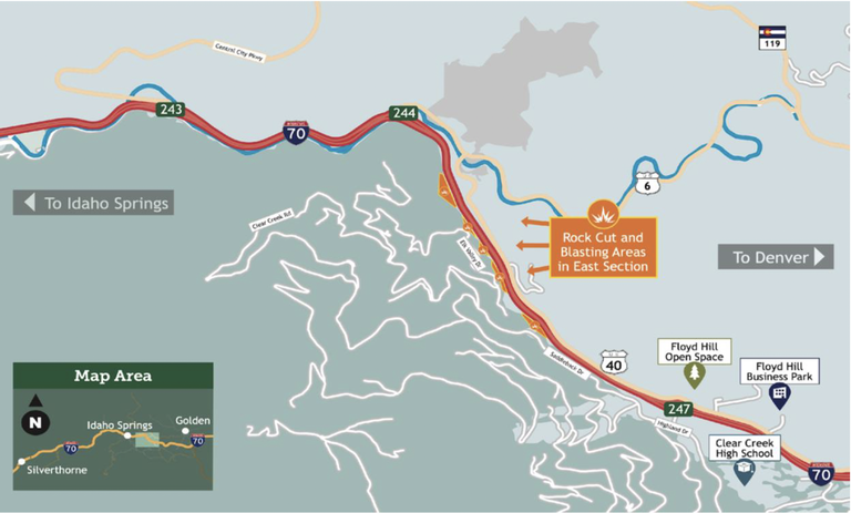 I-70 Floyd Hill rock blasting map