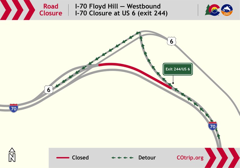 Westbound I-70 motorists will merge into one lane and use the US 6 (Exit 244) off- and on-ramps to continue on westbound I-70.