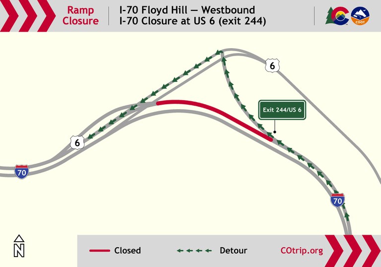 Detour map showing Westbound I-70 traffic will merge into one lane and use the US 6 (Exit 244) off- and on-ramps to continue on westbound I-70.