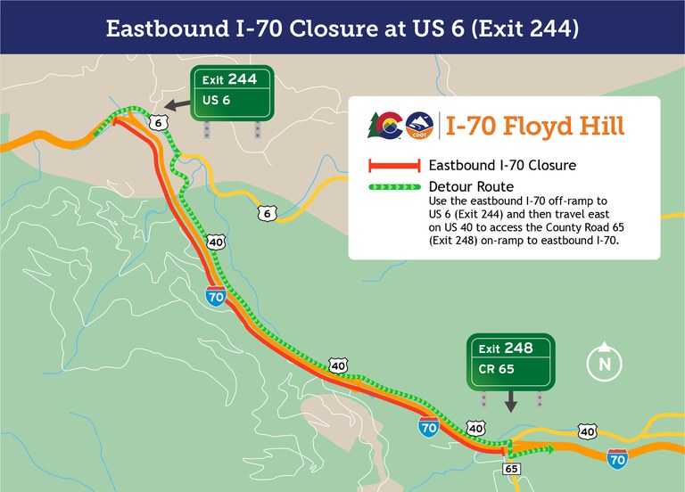 Eastbound I-70 detour map, highlighting the closure at US 6 (Exit 244)