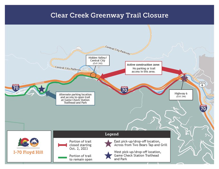 Clear Creek Greenway Trail closed between US 6 and Hidden Valley interchanges. Alternate parking location and access to open trail at Game Check Station Trailhead and Park.