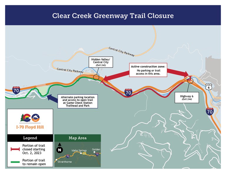 Clear Creek Greenway Trail closure map Clear Creek Greenway Trail closed between US 6 and Hidden Valley interchanges. Alternate parking location and access to open trail at Game Check Station Trailhead and Park.