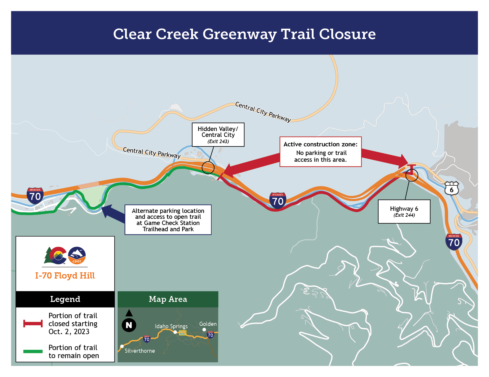 Clear Creek Greenway Trail closed between US 6 and Hidden Valley interchanges. Alternate parking location and access to open trail at Game Check Station Trailhead and Park. detail image