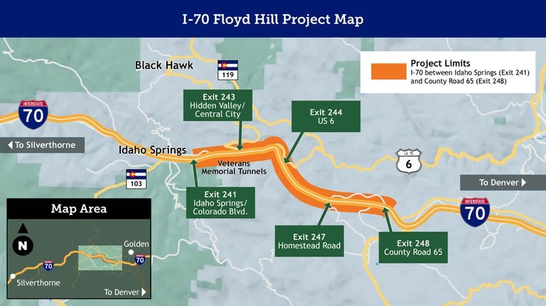 Map of the I-70 Floyd Hill Project limits spanning I-70 between Idaho Springs (Exit 241) and County Road 65 (Exit 248) Map of the I-70 Floyd Hill Project limits spanning I-70 between Idaho Springs (Exit 241) and County Road 65 (Exit 248)