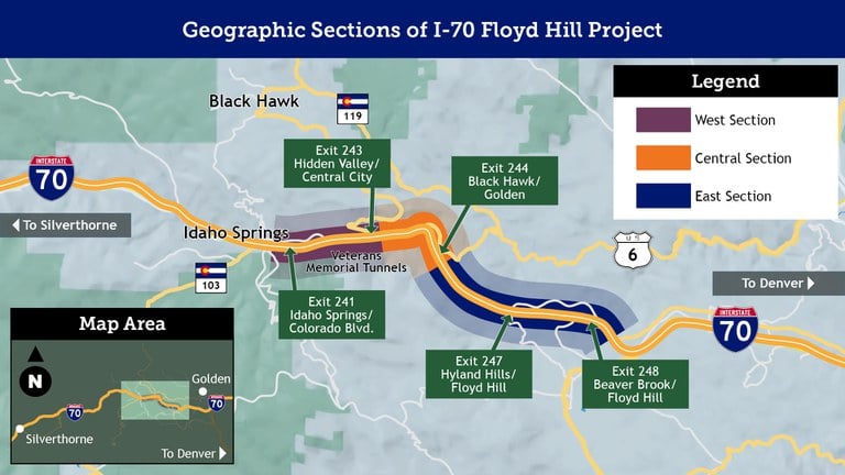 Geographic map of the I-70 Floyd Hill Project highlighting the West Section (in purple), which spans from Hidden Valley/Central City (Exit 243) to Idaho Springs/Colorado Boulevard (Exit 241).