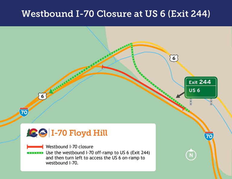 Map of westbound I-70 closure at US 6. Westbound I-70 traffic will merge into one lane and exit at the US 6 (Exit 244) off-ramp, and then turn left to access the US 6 (Exit 244) on-ramp to return to westbound I-70.