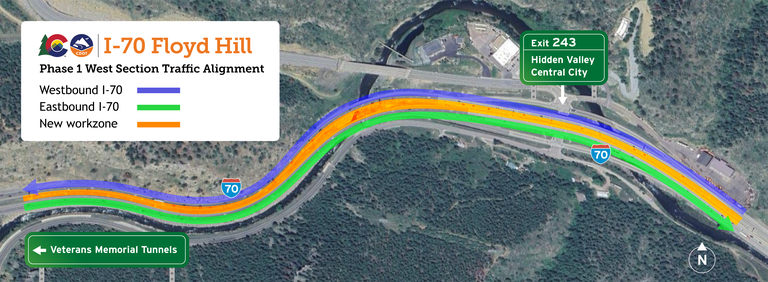 Through summer 2024, traffic impacts include overnight lane closures to allow crews to prepare the work zone, fix deteriorating pavement, shift traffic, add temporary construction barrier, and complete striping operations to begin construction in the median. By early April, eastbound and westbound I-70 will be shifted toward the outside shoulders so crews can work in the median. In addition to overnight lane closures, motorists can expect narrower lanes and shoulders, usage of the eastbound I-70 Mountain Express Lane for construction access to the work zone during non-operational times only, and reduced speed limits. The Clear Creek Greenway Trail will remain closed for bicyclists, pedestrians and anglers until late 2027. Following Labor Day 2024, crews anticipate rock scaling and blasting operations to begin, which will require intermittent traffic holds. Motorists can stay in the know on high-impact activities like scaling and blasting by signing up for our text alerts by texting ‘floydhill’ (one word, lowercase) to 21000.  Work in the West Section is anticipated to conclude in summer 2028; overall project completion is expected to conclude by the end of 2028.  Upcoming Traffic Shift  In late-March, crews will shift westbound I-70 traffic to the south toward the median in the East Section of the Project between County Road 65/Beaver Brook (Exit 248) and east of the US 6 interchange (Exit 244), which will result in narrower lanes and shoulders. This major traffic shift is expected to occur overnight during the week of March 24. Eastbound I-70 will remain in its current alignment in this area. For your safety, please pay attention and adhere to the work zone speed limit of a maximum of 45 MPH when traveling through the construction area. All work is weather dependent and subject to change.  General Traffic Impacts  During construction in the East and West Sections, the existing travel lanes will be open in both directions of I-70 during peak travel hours. However, overnight lane closures on I-70 will occur semi-regularly. Lane closure hours will vary based on season, day of week, number of lanes closed and the travel direction. Drivers should stay on I-70 and expect reduced lane and shoulder widths, reduced speed limits and increased truck traffic entering and exiting the work zones. Stay tuned to our weekly email updates and text alerts for more information about this traffic shift and visit COtrip.org for real time travel information.