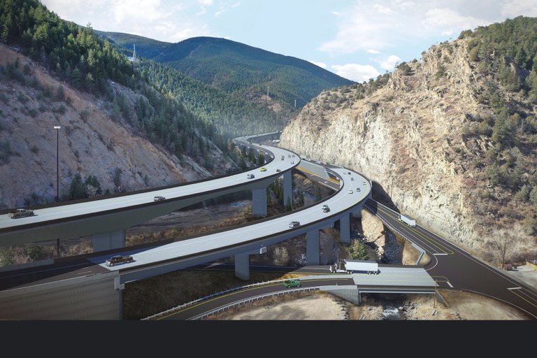 Rendering of the completed I-70 Floyd Hill Project alignment looking southwest, with westbound I-70 braiding over eastbound I-70 at the bottom of Floyd Hill and the new US 6 frontage road that connects to Hidden Valley/Central City Parkway (Exit 243) interchange.