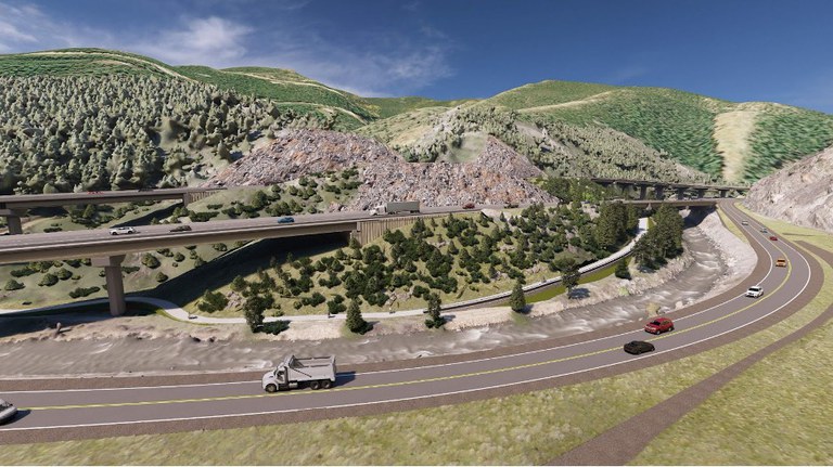 Design rendering of the new I-70 Floyd Hill Project highway alignment, facing south. Design rendering of the new I-70 Floyd Hill Project highway alignment, facing south.