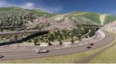 Design rendering of the new I-70 Floyd Hill Project highway alignment, facing south. Pictured from top to bottom: westbound I-70, eastbound I-70 and the new US 6 frontage road that connects to the Hidden Valley/Central City Parkway (Exit 243) interchange. thumbnail image