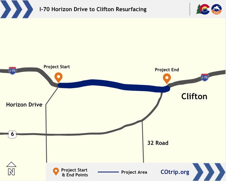 Map of resurfacing project along I-70 from Horizon Drive to Clifton