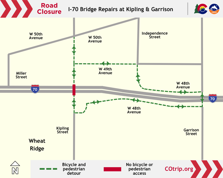 I-70 Bridge Repairs at Kipling and Garrison bicycle and pedestrian detour map