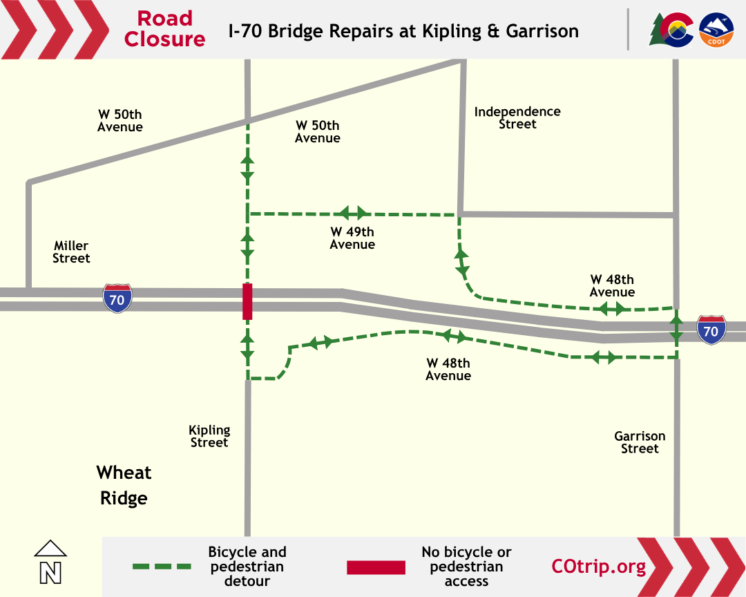 I-70 Bridge Repairs at Kipling and Garrison bicycle and pedestrian detour map.png detail image