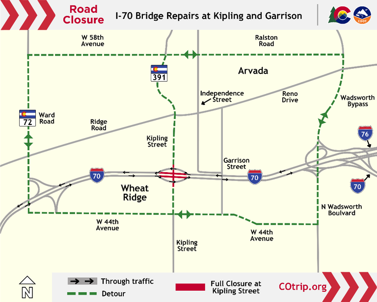 Map showing the I-70 and Kipling Street (CO 391) interchange in Wheat Ridge. The map highlights the west- and eastbound full closure on I-70 at Kipling Street (Exit 267).